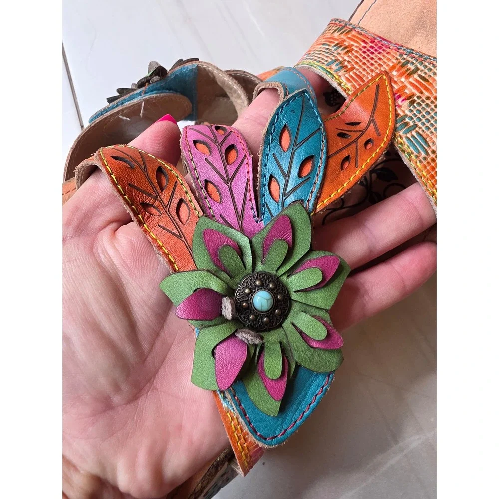 Spring‎ Step LArtiste Leather Floral Slide Sandals Block Heel Women size 40 F1